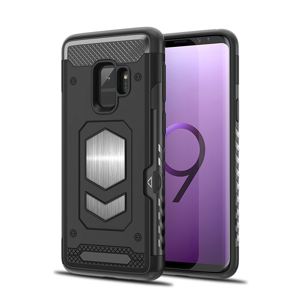Galaxy S9+ (Plus) Metallic Plate Case Work with Magnetic Holder and Card Slot (Black)